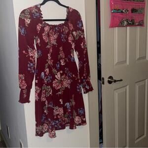 Xhiliration Red Floral Boho Fall Smocked Dress Preppy Dark Academia POCKETS